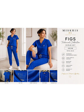 FIGS Technical Collection Royal Blue Scrub Set XS V-Neck Top Jogger Pants